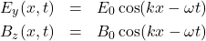 \begin{eqnarray*}E_y(x,t)&=&E_0\cos(kx-\omega t)\\B_z(x,t)&=&B_0\cos(kx-\omega t)\end{eqnarray*}