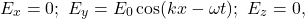 \[E_x=0;~E_y=E_0\cos(kx-\omega t);~E_z=0,\]