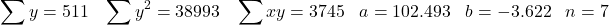 \[ \sum y = 511 \;\;\; \sum y^{2} = 38993 \;\;\; \sum xy = 3745 \;\;\; a = 102.493 \;\;\; b = -3.622 \;\;\; n=7 \]