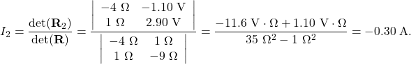 \[I_2=\frac{\mathrm{det}(\mathbf{R}_2)}{\mathrm{det}(\mathbf{R})}=\frac{\left|\begin{array}{cc}-4~\Omega&-1.10~\mathrm{V}\\1~\Omega&2.90~\mathrm{V}\end{array}\right|}{\left|\begin{array}{cc}-4~\Omega&1~\Omega\\1~\Omega&-9~\Omega\end{array}\right|}=\frac{-11.6~\mathrm{V}\cdot\Omega+1.10~\mathrm{V}\cdot\Omega}{35~\Omega^2-1~\Omega^2}=-0.30~\mathrm{A}.\]