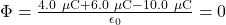 \Phi=\frac{4.0~\mu\mathrm{C}+6.0~\mu\mathrm{C}-10.0~\mu\mathrm{C}}{\epsilon_0}=0