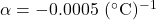 \alpha=-0.0005~(^{\circ}\mathrm{C})^{-1}