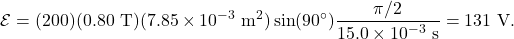 \[\mathcal{E}=(200)(0.80~\mathrm{T})(7.85\times10^{-3}~\mathrm{m}^2)\sin(90^{\circ})\frac{\pi/2}{15.0\times10^{-3}~\mathrm{s}}=131~\mathrm{V}.\]