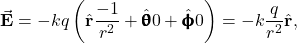 \[\vec{\mathbf{E}}=-kq\left(\hat{\mathbf{r}}\frac{-1}{r^2}+\hat{\pmb{\uptheta}}0+\hat{\pmb{\upphi}}0\right)=-k\frac{q}{r^2}\hat{\mathbf{r}},\]