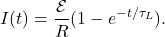 \[I(t)=\frac{\mathcal{E}}{R}(1-e^{-t/\tau_L}}).\]