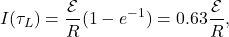 \begin{equation*}I(\tau_L)=\frac{\mathcal{E}}{R}(1-e^{-1})=0.63\frac{\mathcal{E}}{R},\end{equation*}