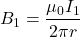 \begin{equation*}B_1=\frac{\mu_0I_1}{2\pi r}\end{equation*}