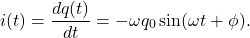 \begin{equation*}i(t)=\frac{dq(t)}{dt}=-\omega q_0\sin(\omega t+\phi).\end{equation*}