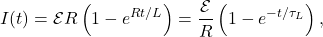 \begin{equation*}I(t)=\mathcal{E}{R}\left(1-e^{Rt/L}\right)=\frac{\mathcal{E}}{R}\left(1-e^{-t/\tau_L}\right),\end{equation*}