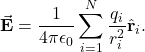 \[\vec{\mathbf{E}}=\frac{1}{4\pi\epsilon_0}\sum_{i=1}^{N}\frac{q_i}{r_i^2}\hat{\mathbf{r}}_i.\]