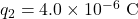 q_2=4.0\times10^{-6}~\mathrm{C}
