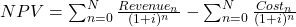 NPV=\sum_{n=0}^{N}{\frac{Revenue_n}{(1+i)^n}}-\sum_{n=0}^{N}{\frac{Cost_n}{(1+i)^n}}