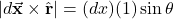 |d\vec{\mathbf{x}}\times\hat{\mathbf{r}}|=(dx)(1)\sin\theta