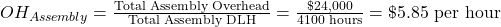 OH_{Assembly}=\frac{\text{Total Assembly Overhead}}{\text{Total Assembly DLH}}= \frac{\$24,000}{4100 \text{ hours}}=\$5.85 \text{ per hour}