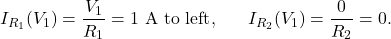 \[I_{R_1}(V_1)=\frac{V_1}{R_1}=1~\mathrm{A}~\mathrm{to~left},~~~~~I_{R_2}(V_1)=\frac{0}{R_2}=0.\]
