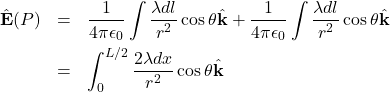 \begin{eqnarray*}\hat{\mathbf{E}}(P)&=&\frac{1}{4\pi\epsilon_0}\int\frac{\lambda dl}{r^2}\cos\theta\hat{\mathbf{k}}+\frac{1}{4\pi\epsilon_0}\int\frac{\lambda dl}{r^2}\cos\theta\hat{\mathbf{k}}\\&=&\int_0^{L/2}\frac{2\lambda dx}{r^2}\cos\theta\hat{\mathbf{k}}\end{eqnarray*}