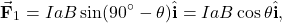 \begin{equation*}\vec{\mathbf{F}}_1=IaB\sin(90^{\circ}-\theta)\hat{\mathbf{i}}=IaB\cos\theta\hat{\mathbf{i}},\end{equation*}