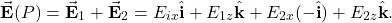 \[\vec{\mathbf{E}}(P)=\vec{\mathbf{E}}_1+\vec{\mathbf{E}}_2=E_{ix}\hat{\mathbf{i}}+E_{1z}\hat{\mathbf{k}}+E_{2x}(-\hat{\mathbf{i}})+E_{2z}\hat{\mathbf{k}}.\]