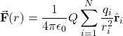 \[\vec{\mathbf{F}}(r)=\frac{1}{4\pi\epsilon_0}Q\sum_{i=1}^{N}\frac{q_i}{r_{i}^2}\hat{\mathbf{r}}_{i}\]