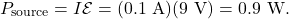\[P_{\mathrm{source}}=I\mathcal{E}=(0.1~\mathrm{A})(9~\mathrm{V})=0.9~\mathrm{W}.\]
