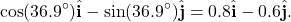 \[\cos(36.9^{\circ})\hat{\mathbf{i}}-\sin(36.9^{\circ})\hat{\mathbf{j}}=0.8\hat{\mathbf{i}}-0.6\hat{\mathbf{j}}.\]