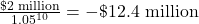 \frac{\$\text{2 million}}{1.05^{10}} = -\$\text{12.4 million}
