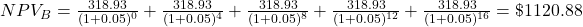 NPV_B = \frac{318.93}{(1+0.05)^0} + \frac{318.93}{(1+0.05)^4} + \frac{318.93}{(1+0.05)^8} + \frac{318.93}{(1+0.05)^{12}} + \frac{318.93}{(1+0.05)^{16}} = \$1120.88