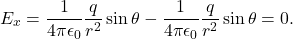 \[E_x=\frac{1}{4\pi\epsilon_0}\frac{q}{r^2}\sin\theta-\frac{1}{4\pi\epsilon_0}\frac{q}{r^2}\sin\theta=0.\]