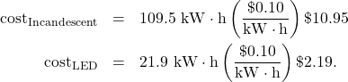 \begin{eqnarray*}\mathrm{cost}_{\mathrm{Incandescent}}&=&109.5~\mathrm{kW}\cdot\mathrm{h}\left(\frac{\$0.10}{\mathrm{kW}\cdot\mathrm{h}}\right)\$10.95\\\mathrm{cost}_{\mathrm{LED}}&=&21.9~\mathrm{kW}\cdot\mathrm{h}\left(\frac{\$0.10}{\mathrm{kW}\cdot\mathrm{h}}\right)\$2.19.\end{eqnarray*}