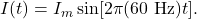 I(t)=I_m\sin[2\pi(60~\mathrm{Hz})t].