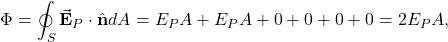 \begin{equation*}\Phi=\oint_S\vec{\mathbf{E}}_P\cdot\hat{\mathbf{n}}dA=E_PA+E_PA+0+0+0+0=2E_PA,\end{equation*}