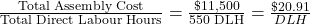 \frac{\text{Total Assembly Cost}}{\text{Total Direct Labour Hours}}=\frac{\$11,500}{\text{550 DLH}}=\frac{\$20.91}{DLH}