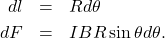 \begin{eqnarray*}dl&=&Rd\theta\\dF&=&IBR\sin\theta d\theta.\end{eqnarray*}