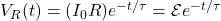 V_R(t)=(I_0R)e^{-t/\tau}=\mathcal{E}e^{-t/\tau}