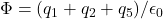 Rendered by QuickLaTeX.com \Phi=(q_1+q_2+q_5)/\epsilon_0