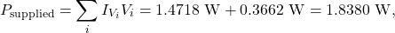 \[P_{\mathrm{supplied}}=\sum_iI_{V_i}V_i=1.4718~\mathrm{W}+0.3662~\mathrm{W}=1.8380~\mathrm{W},\]