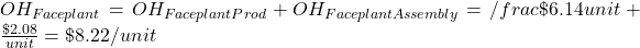 OH_{Faceplant}=OH_{FaceplantProd}+OH_{FaceplantAssembly}=/frac{\$6.14}{unit}+\frac{\$2.08}{unit}=\$8.22/unit