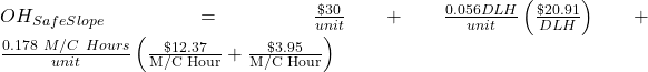OH_{SafeSlope}=\frac{\$30}{unit}+\frac{0.056DLH}{unit}\left(\frac{\$20.91}{DLH}\right)+\frac{0.178 \ M/C \ Hours}{unit}\left(\frac{\$12.37}{\text{M/C Hour}}+\frac{\$3.95}{\text{M/C Hour}}\right)