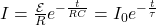 I=\frac{\mathcal{E}}{R}e^{-\frac{t}{RC}}=I_0e^{-\frac{t}{\tau}}