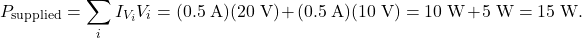 \[P_{\mathrm{supplied}}=\sum_iI_{V_i}V_i=(0.5~\mathrm{A})(20~\mathrm{V})+(0.5~\mathrm{A})(10~\mathrm{V})=10~\mathrm{W}+5~\mathrm{W}=15~\mathrm{W}.\]