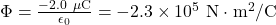 \Phi=\frac{-2.0~\mu\mathrm{C}}{\epsilon_0}=-2.3\times10^5~\mathrm{N}\cdot\mathrm^{m}^2/\mathrm{C}