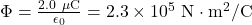 \Phi=\frac{2.0~\mu\mathrm{C}}{\epsilon_0}=2.3\times10^5~\mathrm{N}\cdot\mathrm^{m}^2/\mathrm{C}