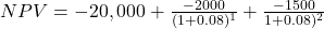 NPV = -20,000 + \frac{-2000}{(1+0.08)^1}+\frac{-1500}{1+0.08)^2}