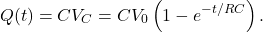 \[Q(t)=CV_C=CV_0\left(1-e^{-t/RC}\right).\]
