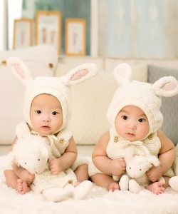 Twin boys sit together dressed in matching clothes and hats and holding similar stuffed animals." title="Twin boys sit together dressed in matching clothes and hats and holding similar stuffed animals.