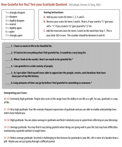 This is a 6 item gratitude survey. It uses a 1-7 Likert scale to indicate agreement with 6 face valid items such as "I am grateful to a wide range of people" and "I have so much in life to be thankful for." Higher scores indicate higher levels of gratitude.