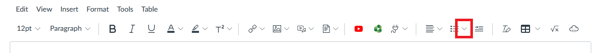 Screenshot of Canvas page editor, with chevron beside "Ordered and Unordered Lists" highlighted
