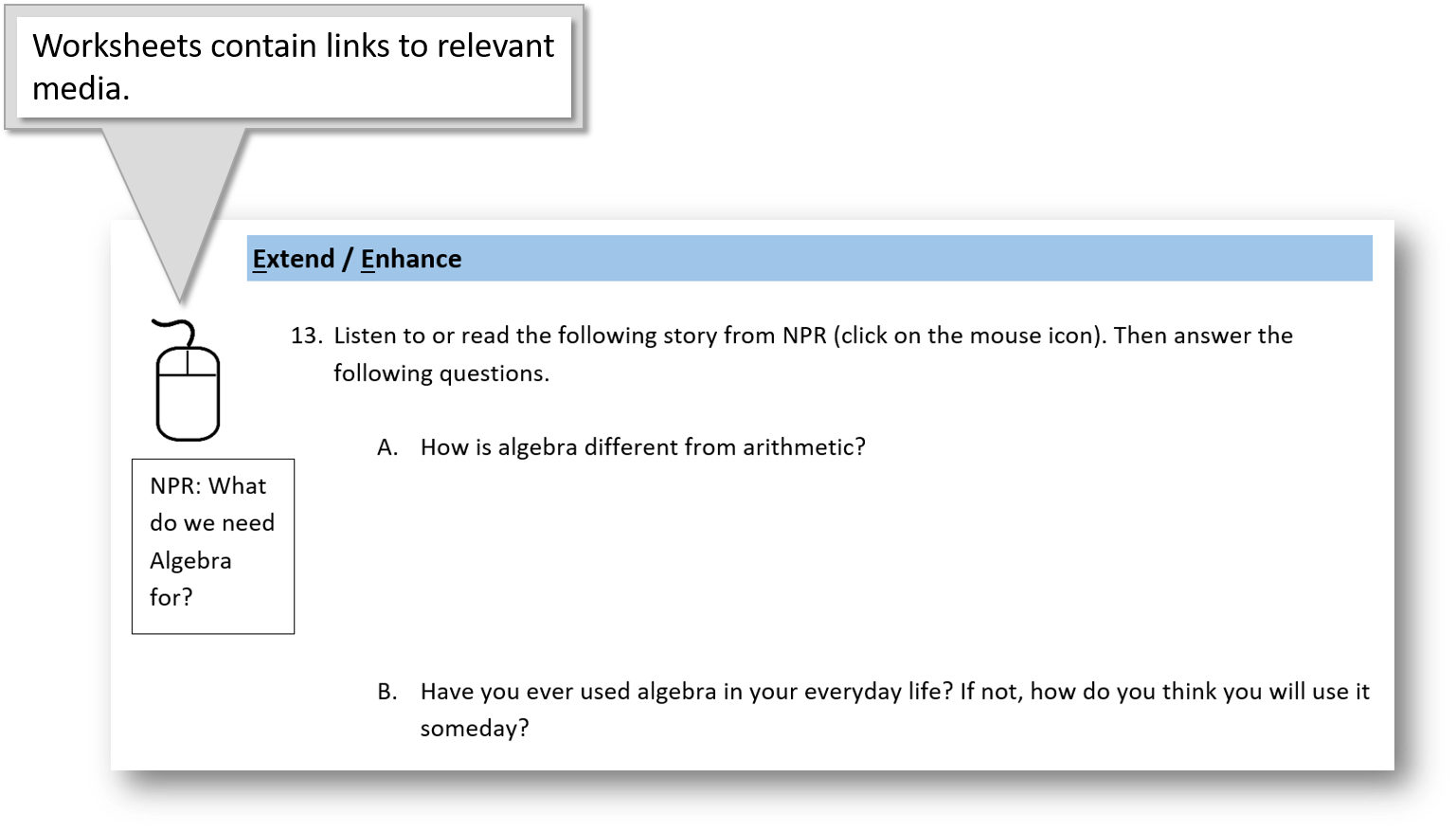 Screenshot of Desmos activity with a mouse icon to access a radio story online