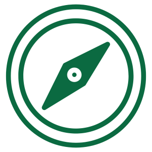 Graphic of a green icon of a compass in a circle