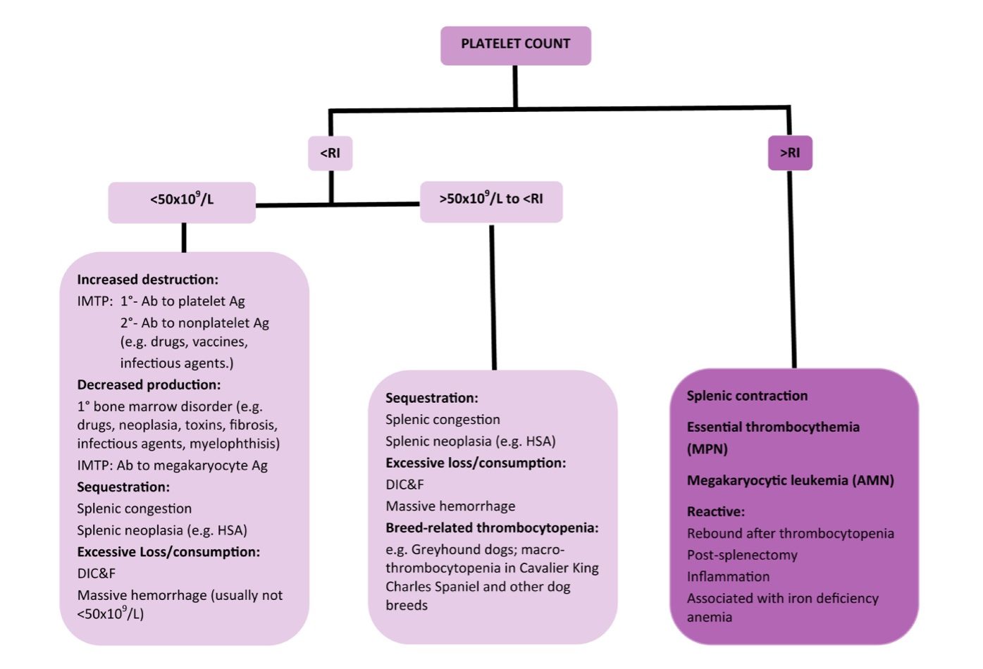Figure 4.8 Causes of thrombocytopenia and thrombocytosis. Spontaneous bleeding due to thrombocytopenia is not expected until the platelet count is <50x10/L, or even lower according to some sources. RI-reference interval; Ab=antibody; Ag=antigen; IMTP=immunemediated thrombocytopenia;HSA=hemangiosarcoma; DIC&F=disseminated intravascular coagulation an fibrinolysis; MPN=myeloproliferative neoplasm; AMN=acute myeloid neoplasm.